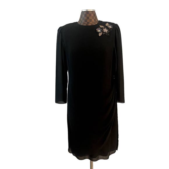 Ursula of Switzerland Black Shift Dress Sz 12 Sequin Flower Sheer Sleeve Formal - Picture 2 of 13